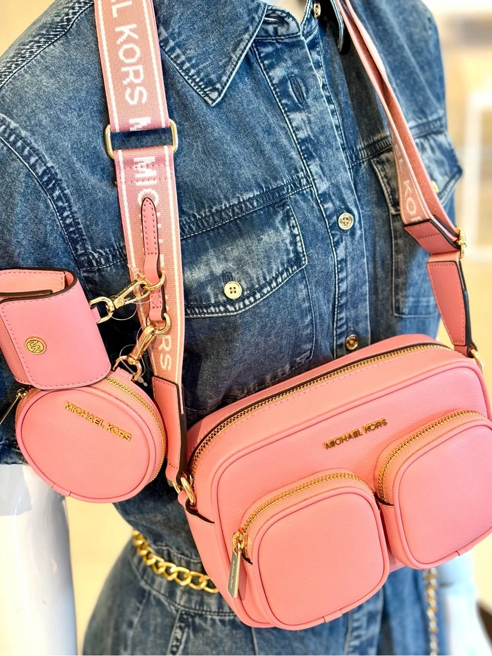 Michael Kors Pink Leather Triple-Pouch Crossbody Bag Carnation
